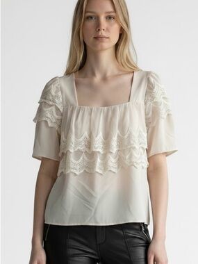 Elegant Cream Lace-Tiered Square-Neck Blouse